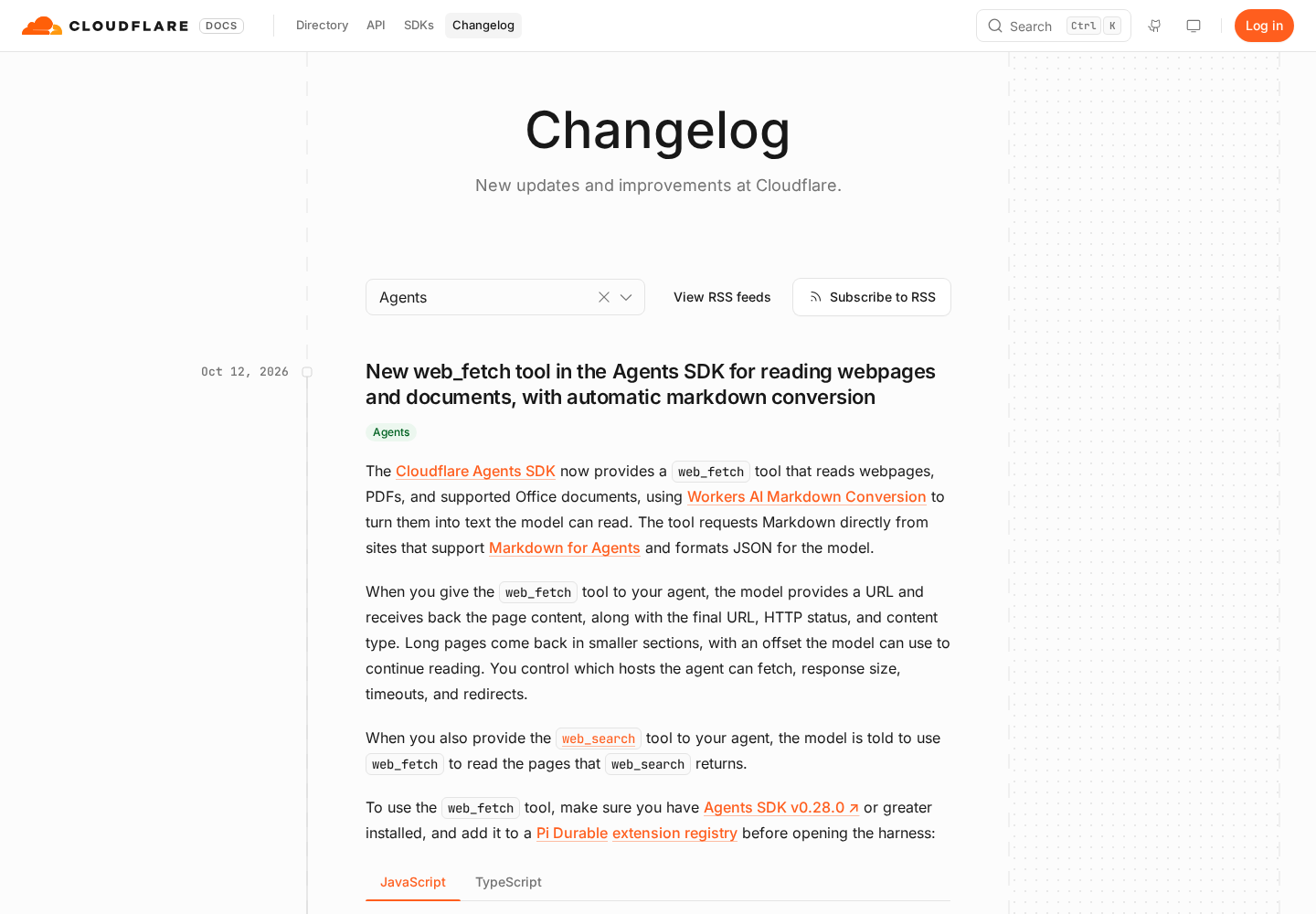 Screenshot: developers.cloudflare.com/changelog/product/agents