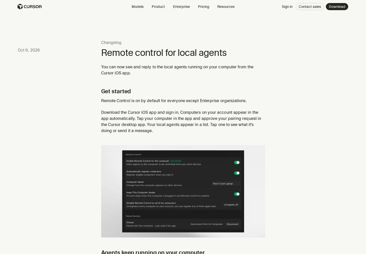 Cursor-Changelog mit Datum und Ankündigung der mobilen Fernsteuerung