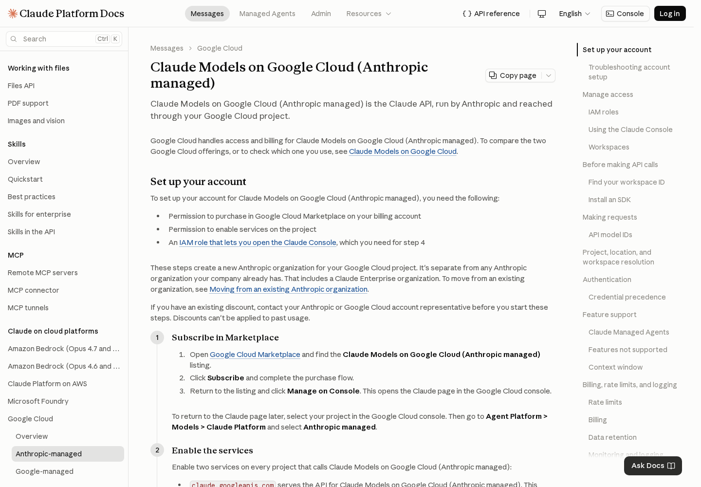 Screenshot: Claude Models on Google Cloud (Anthropic managed) - Claude Platform Docs